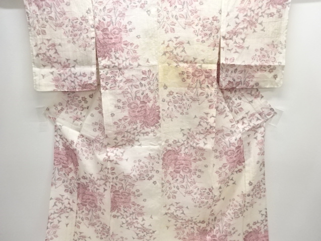 JAPANESE KIMONO / ANTIQUE AUTHENTIC OJIYA CHIJIMI PEONY / CHRYSANTHEMU